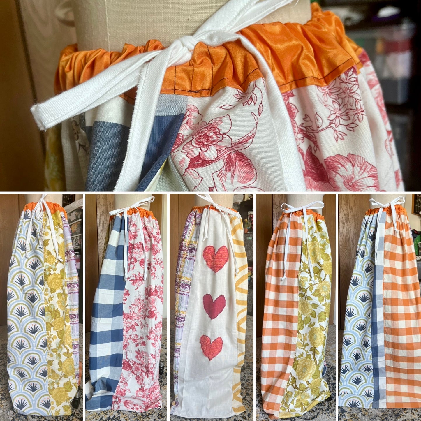 Collection of various patterned drawstring pants on a mannequin showing side view