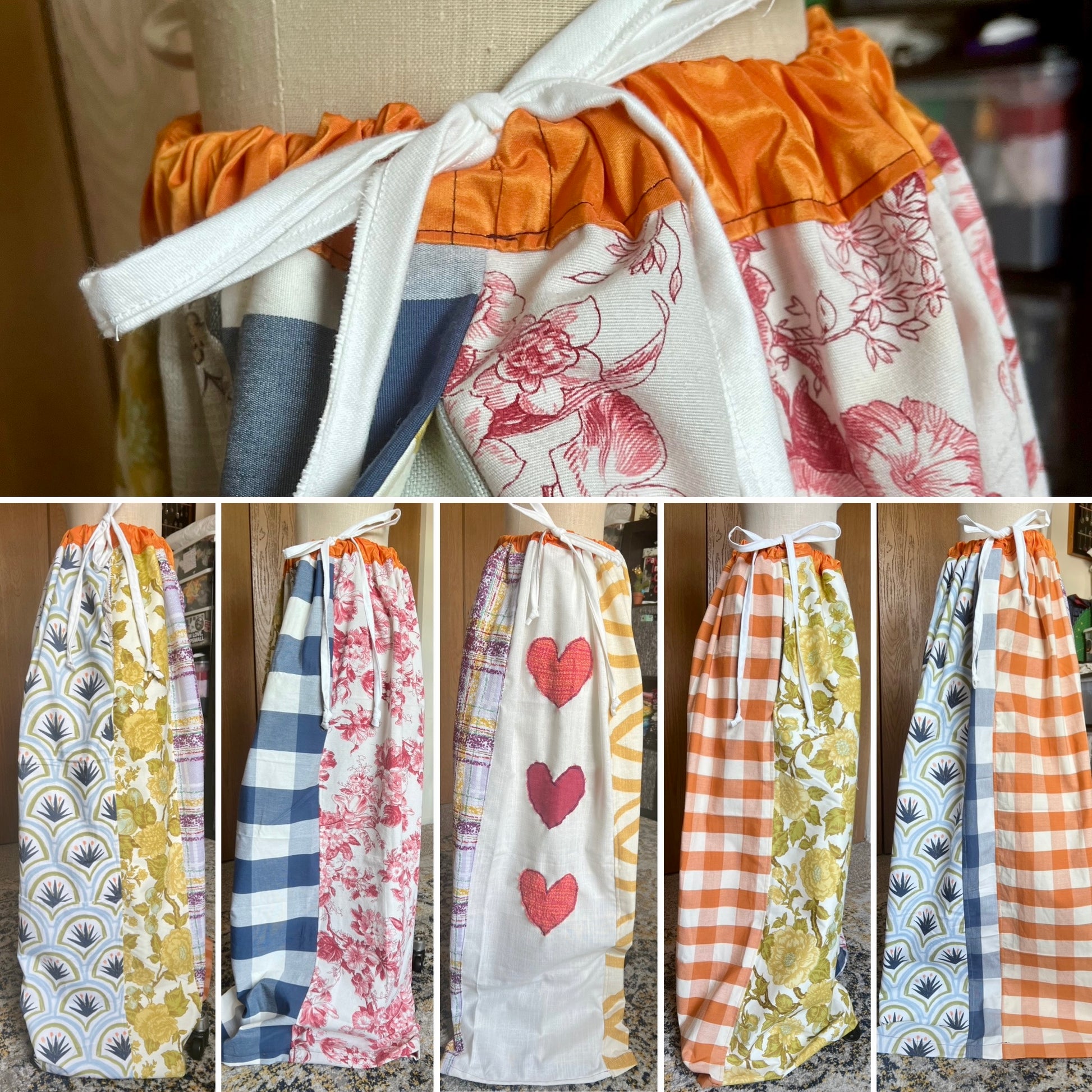 Collection of various patterned drawstring pants on a mannequin showing side view