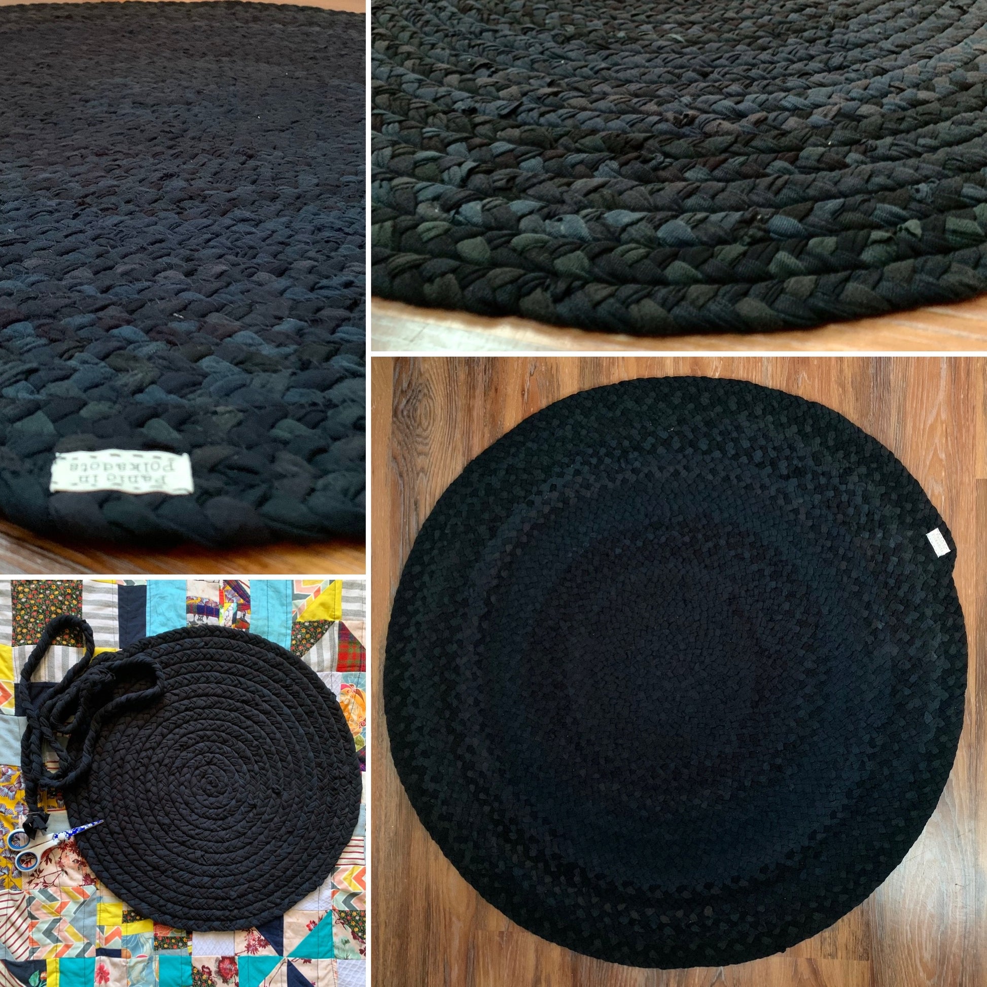 Black braided rug shown from different angles on a wooden surface.