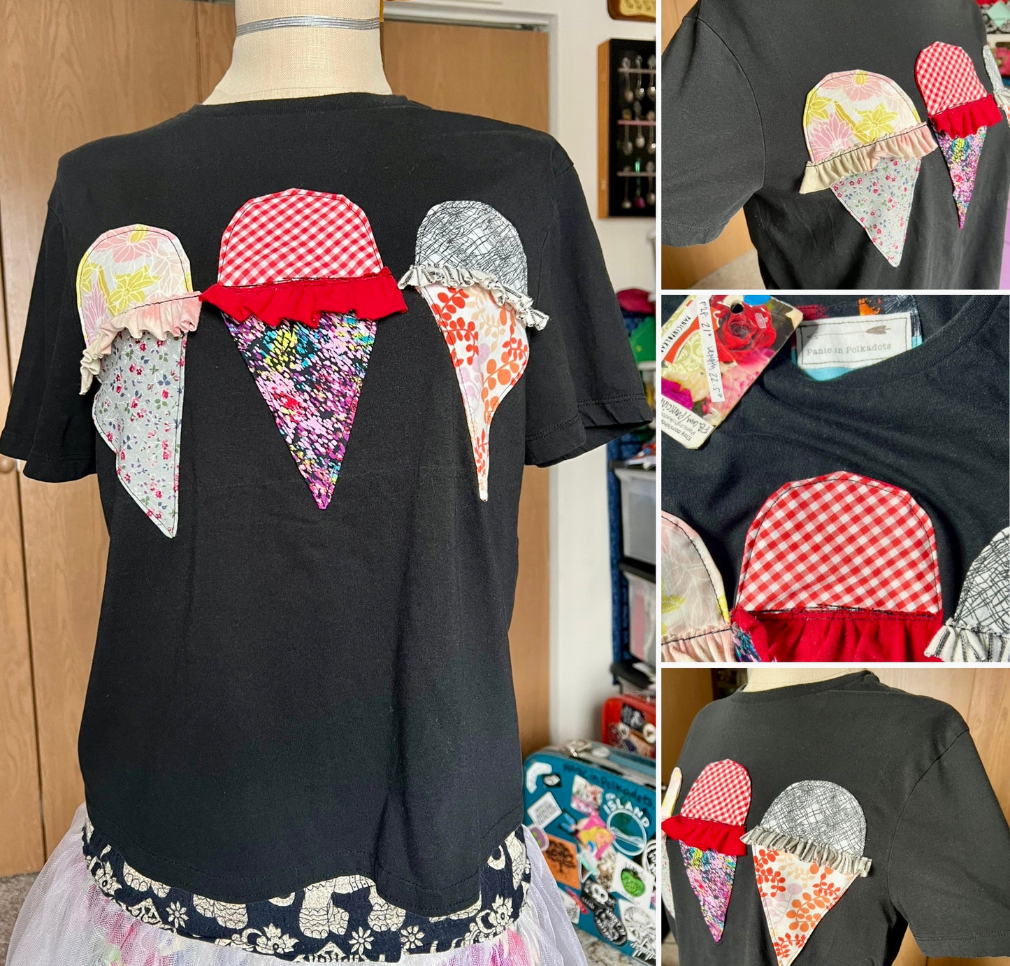 Black t-shirt with colorful ice cream cone designs on a mannequin.