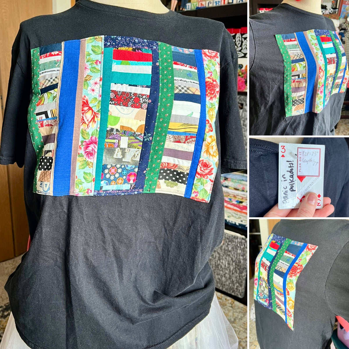 Black t-shirt with colorful patchwork design on the front, displayed at different angles on a mannequin. tag with measurements held by a person.