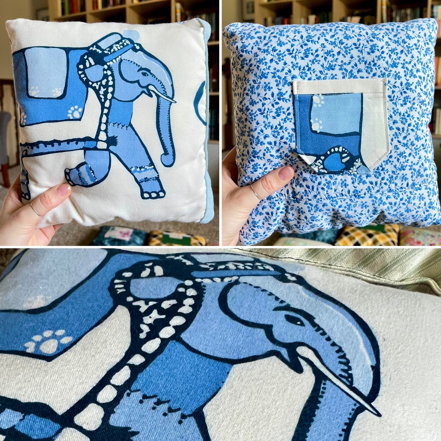 A collage showing a handmade square pillows and a close-up of the fabric print. Front of pillow has a blue elephant illustration on an off-white background, and the back shows a blue-and-white floral fabric pocket with a blue elephant pocket.