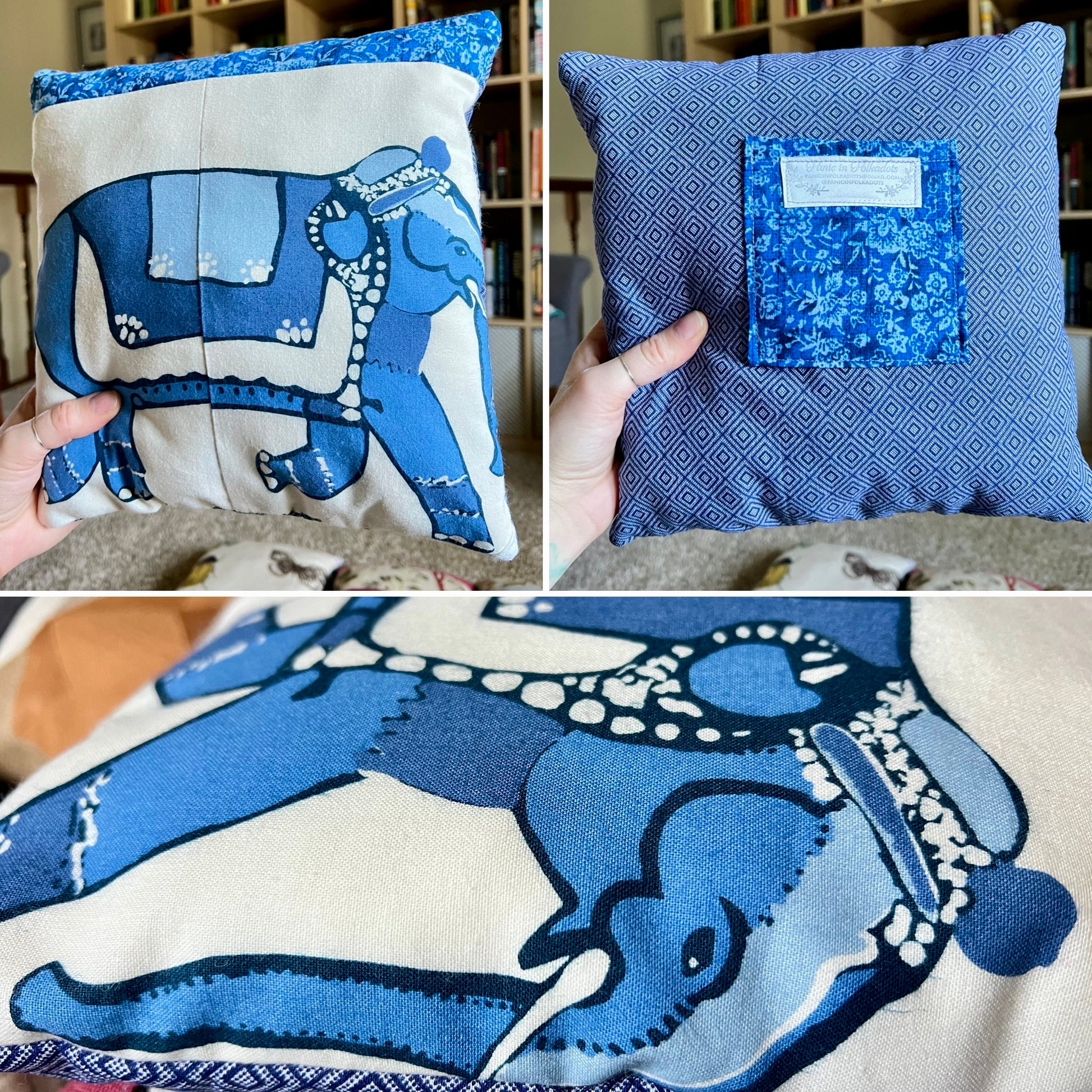 A three-panel collage showing handmade blue and off-white fabric throw pillow. The top-left panel shows the front of pillow with a blue elephant print; the top-right shows the back, a blue pattern with a fabric patch pocket; the bottom panel is a close-up of the elephant print on the front of the pillow.