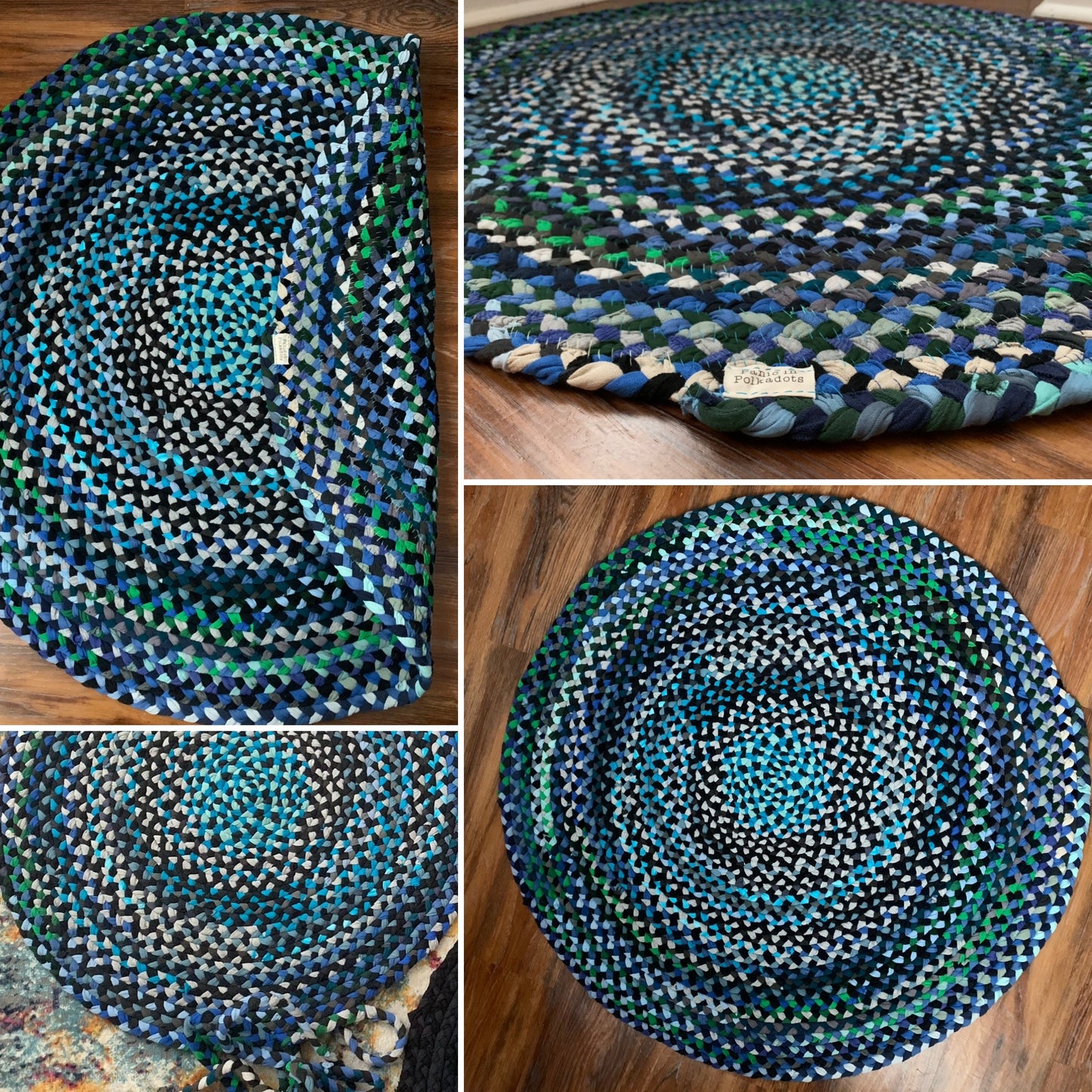 Collage of a braided rug with blue, green, and black pattern on a wooden surface.