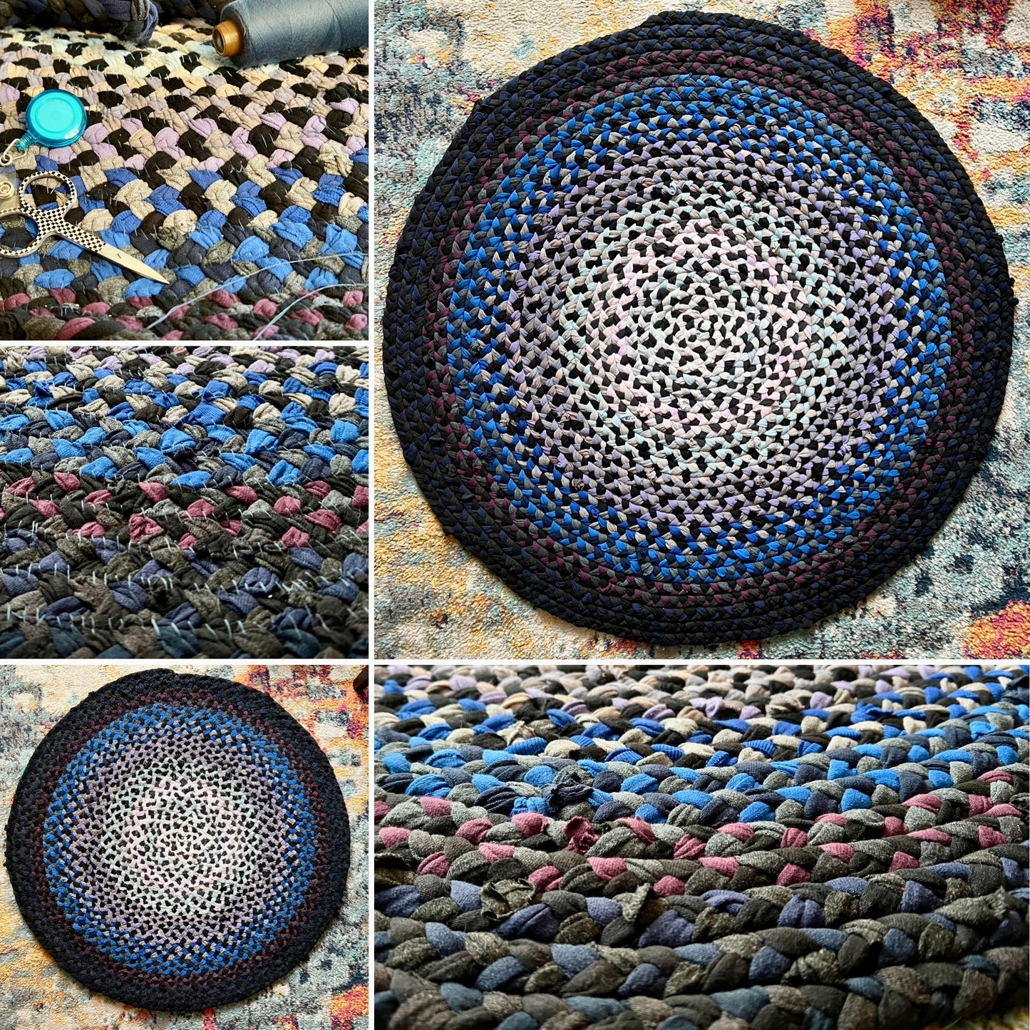 Collage of pics of a braided rug in various blues, purples, pinks. Shows closeups, aerial view, and in progress