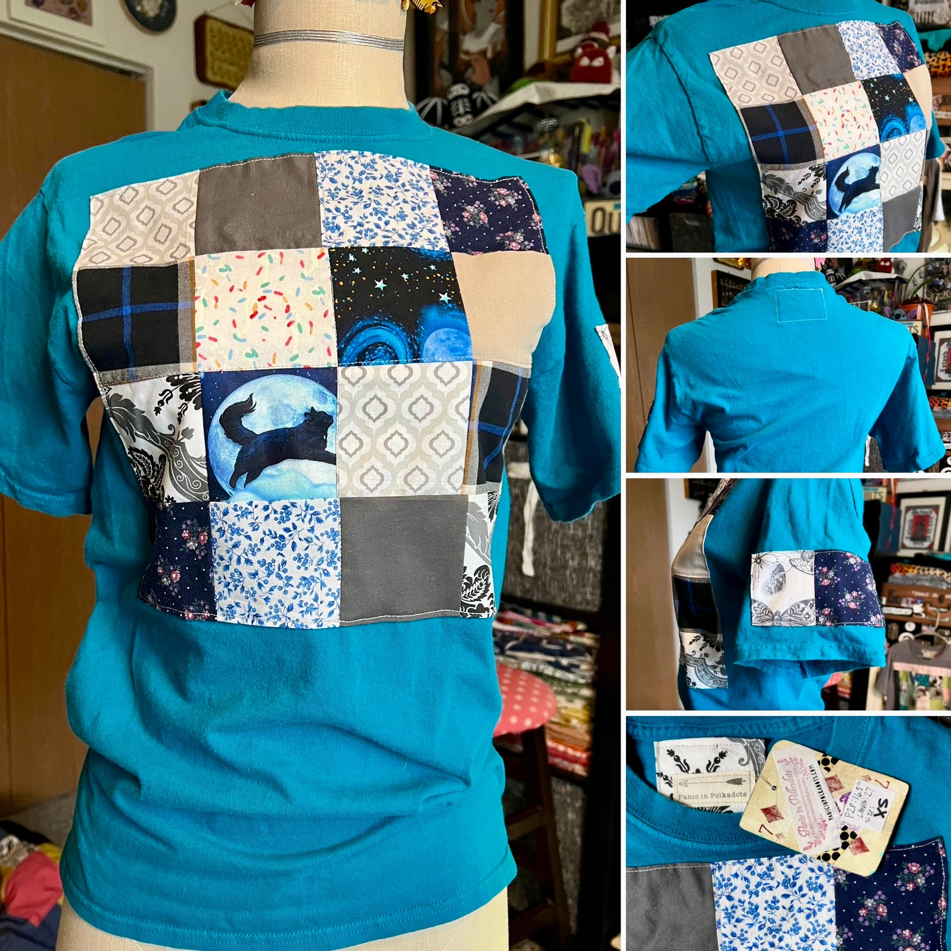 Blue shirt with patchwork pattern on a mannequin, surrounded by close-up shots.