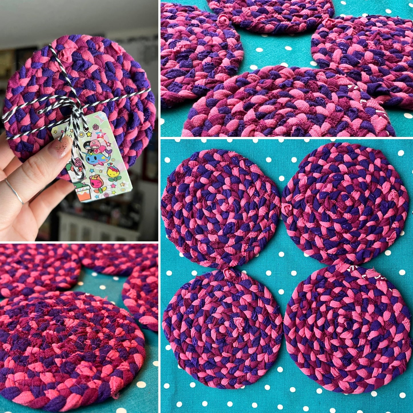 Collage of pink and purple braided coasters with a hand holding them bundled up with a tag.