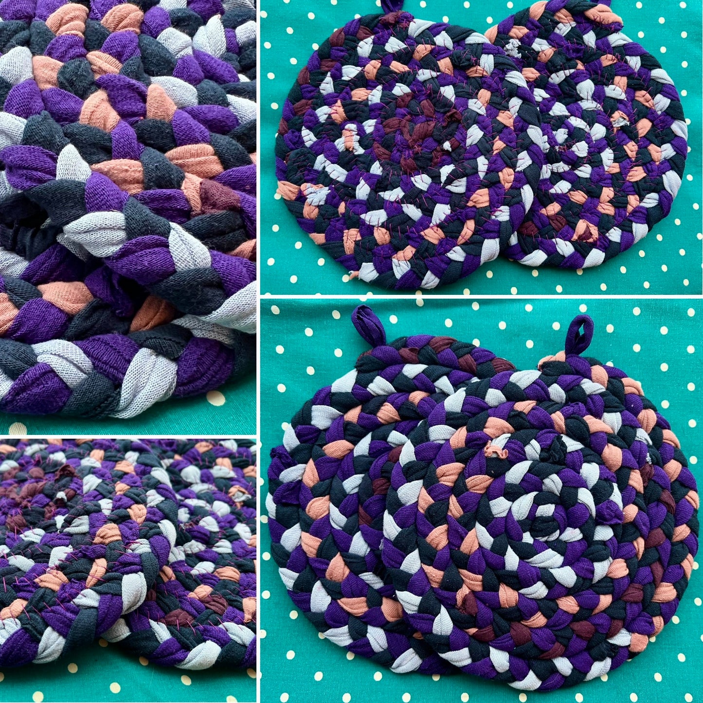 Collage of pics of a braided trivet potholder set in various patterns on a polka dot background