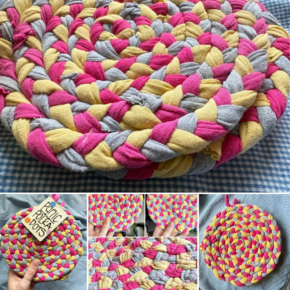 A braided rope trivet made from mixed-color fabric strips in pink, yellow, and gray, shown in a large top view and a collage of smaller views including a hand holding it, close-ups of the braid texture, and the round mat laid flat on a blue-and-white check cloth.