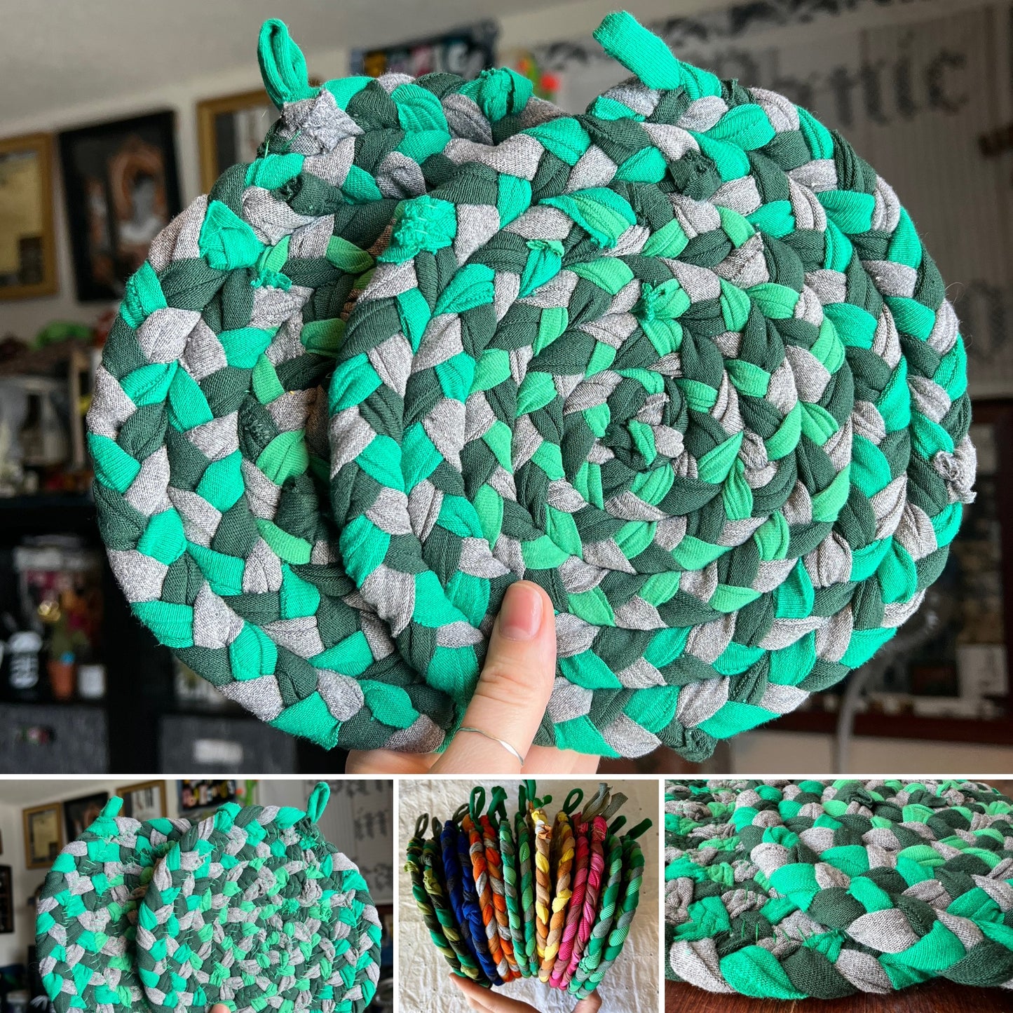 Green and gray braided trivet set held by a hand with additional images of braided trivets in various colors.