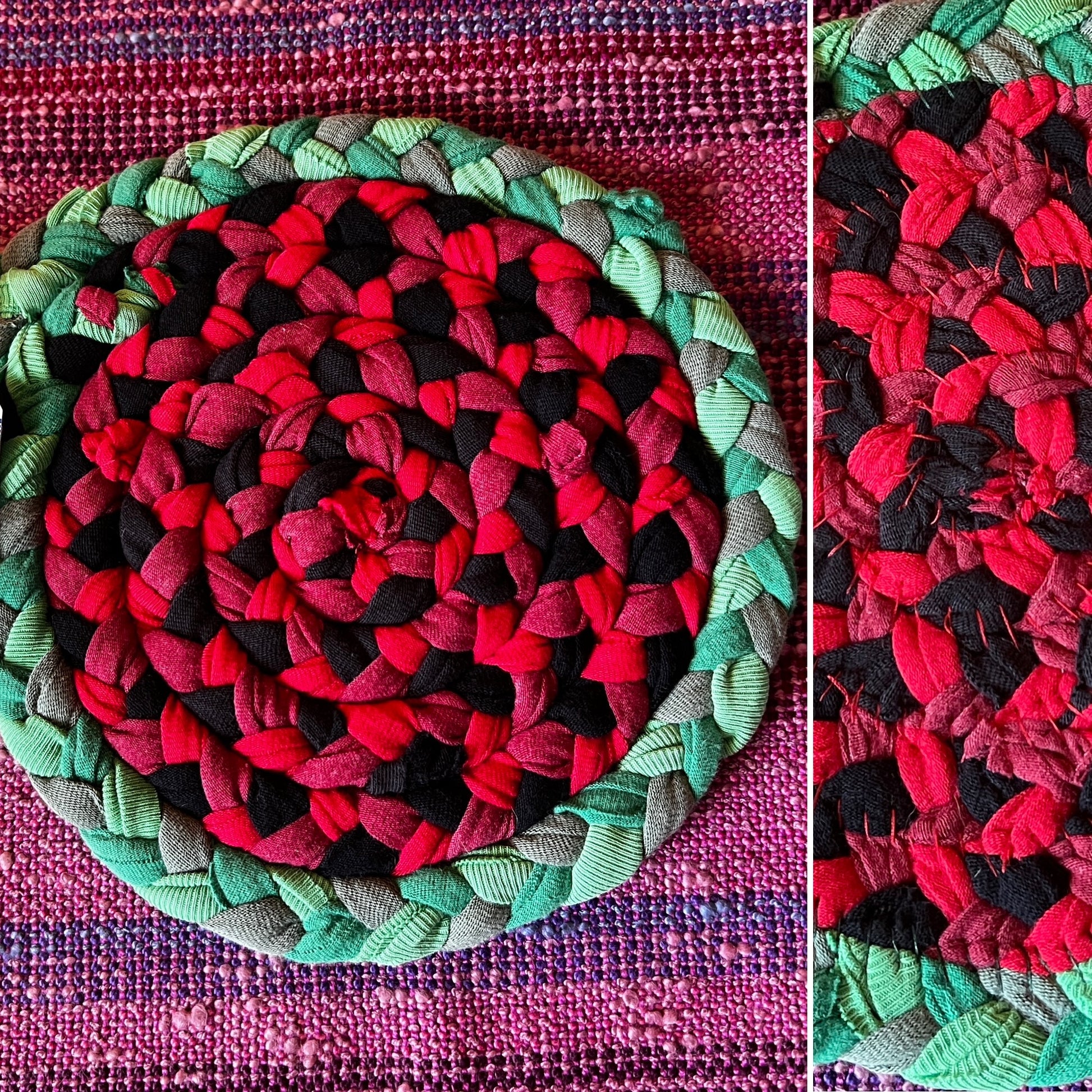 braided trivet with red, black, and green colors on a pink textured background.