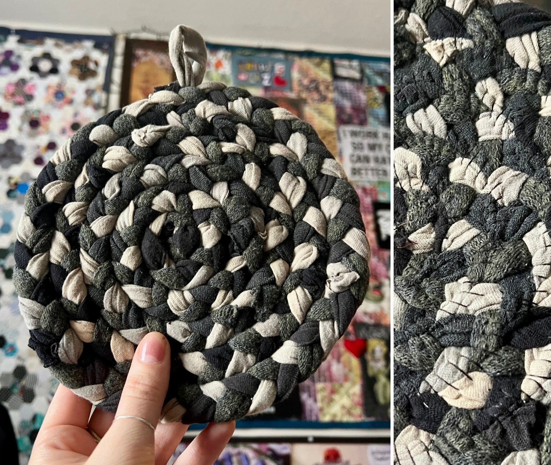 Black and green braided trivet held by a hand with a colorful background