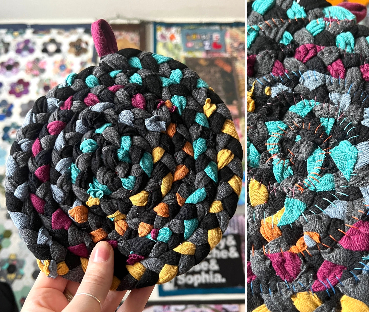 Multicolored braided trivet held by a hand with a blurred background