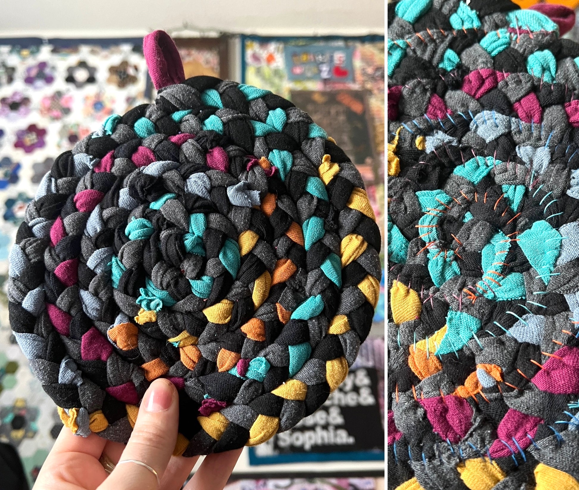 Multicolored braided trivet held by a hand with a blurred background