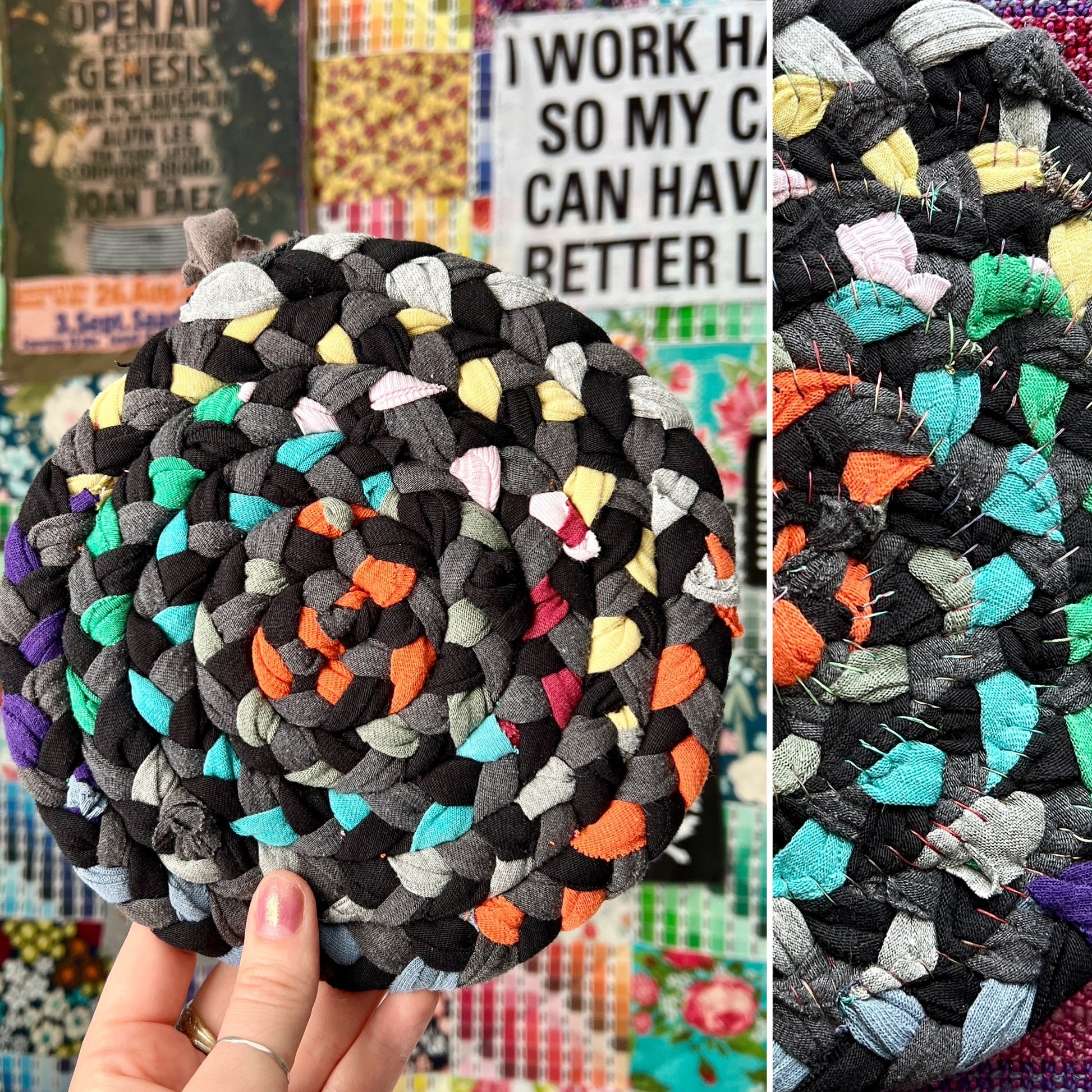 Colorful braided trivet held by a hand with a colorful background