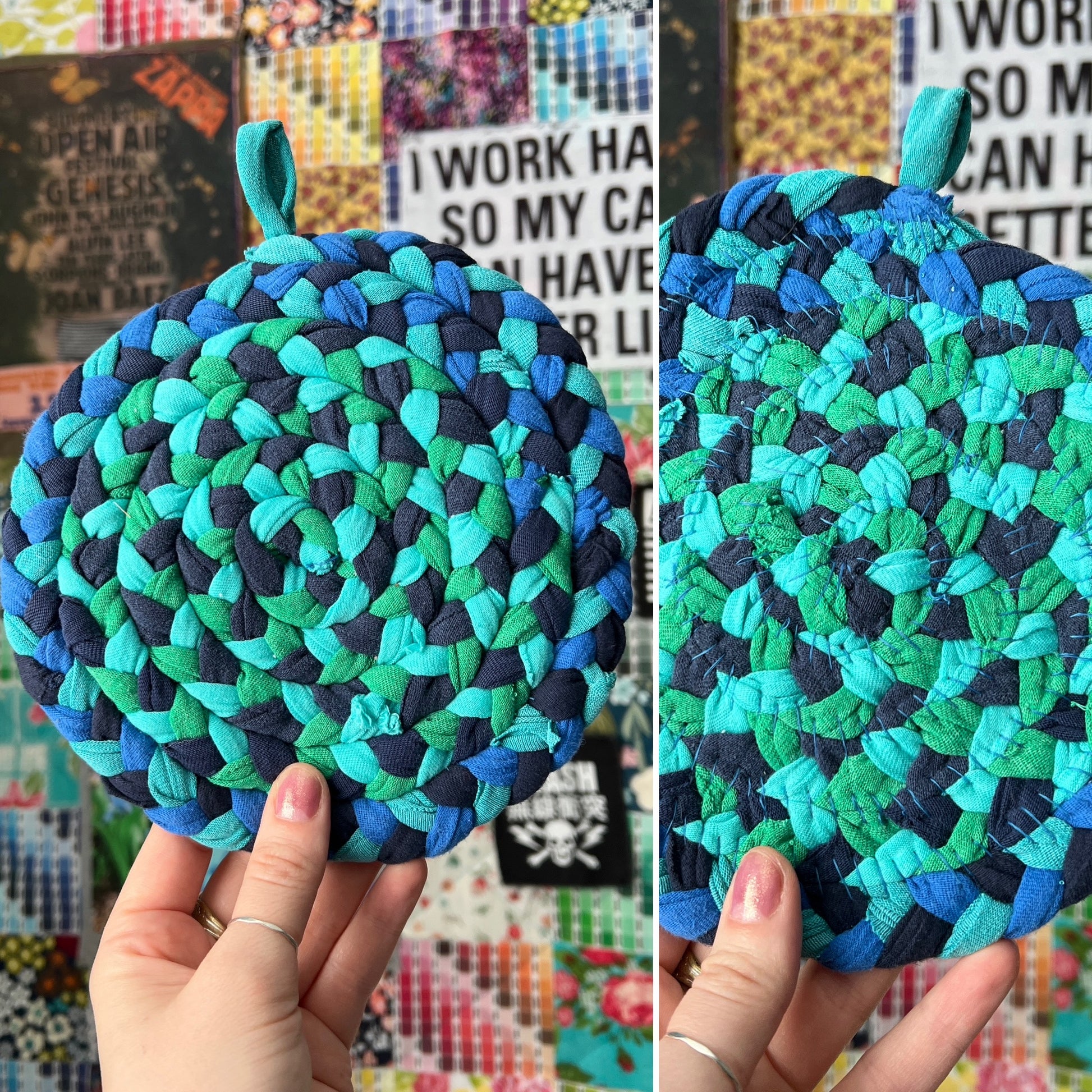Two views of a braided trivet with green, blue, and black pattern held by a hand.