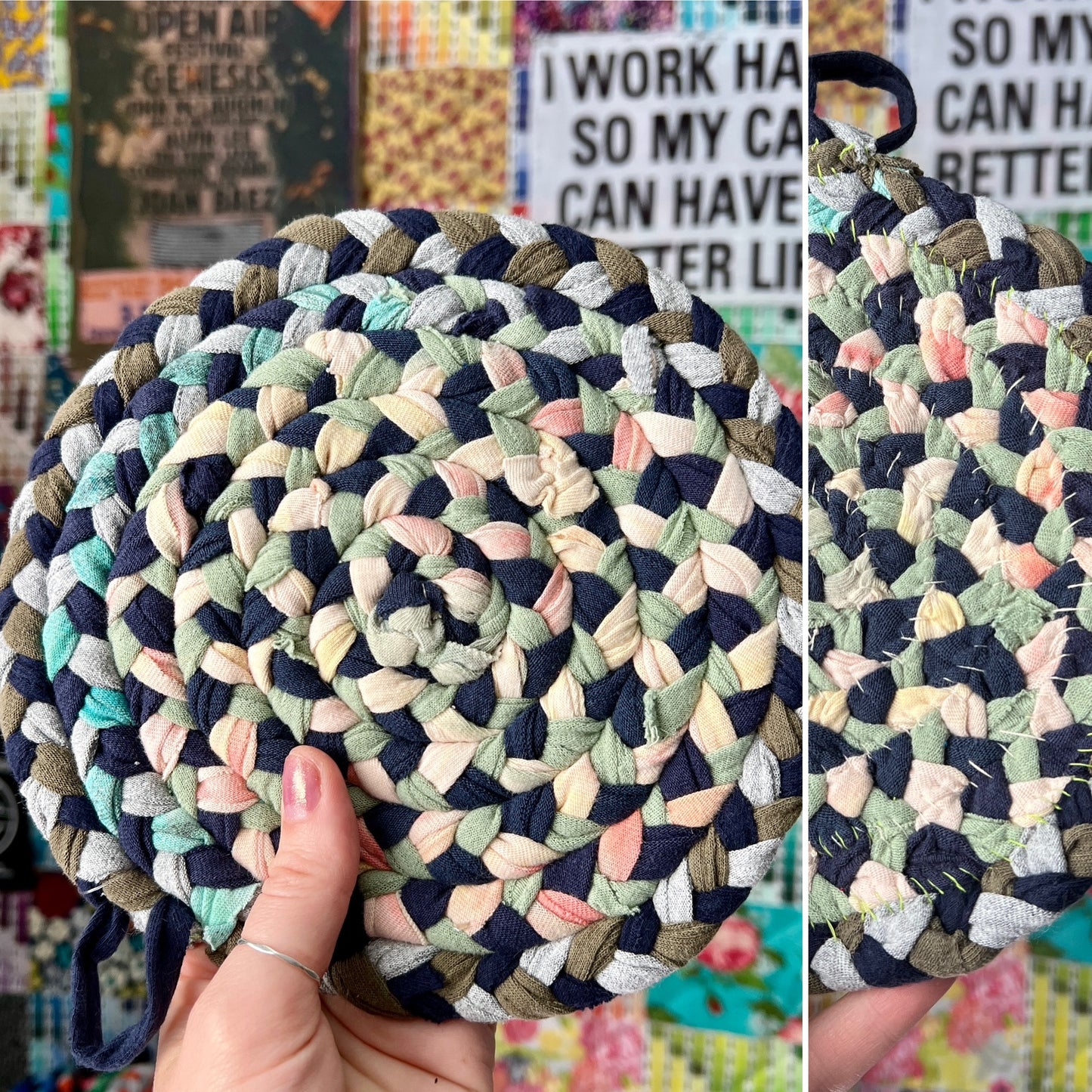 Colorful braided trivet held by a hand with a blurred background