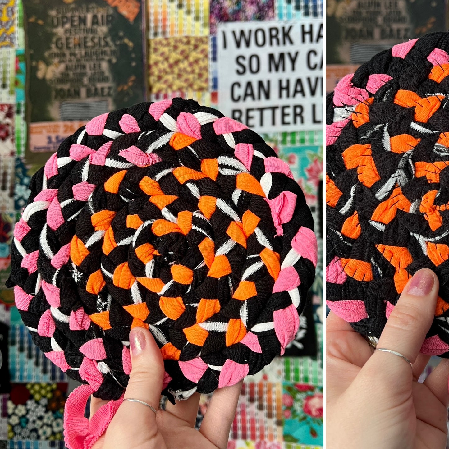 Colorful braided trivet held by a hand with a multicolored background
