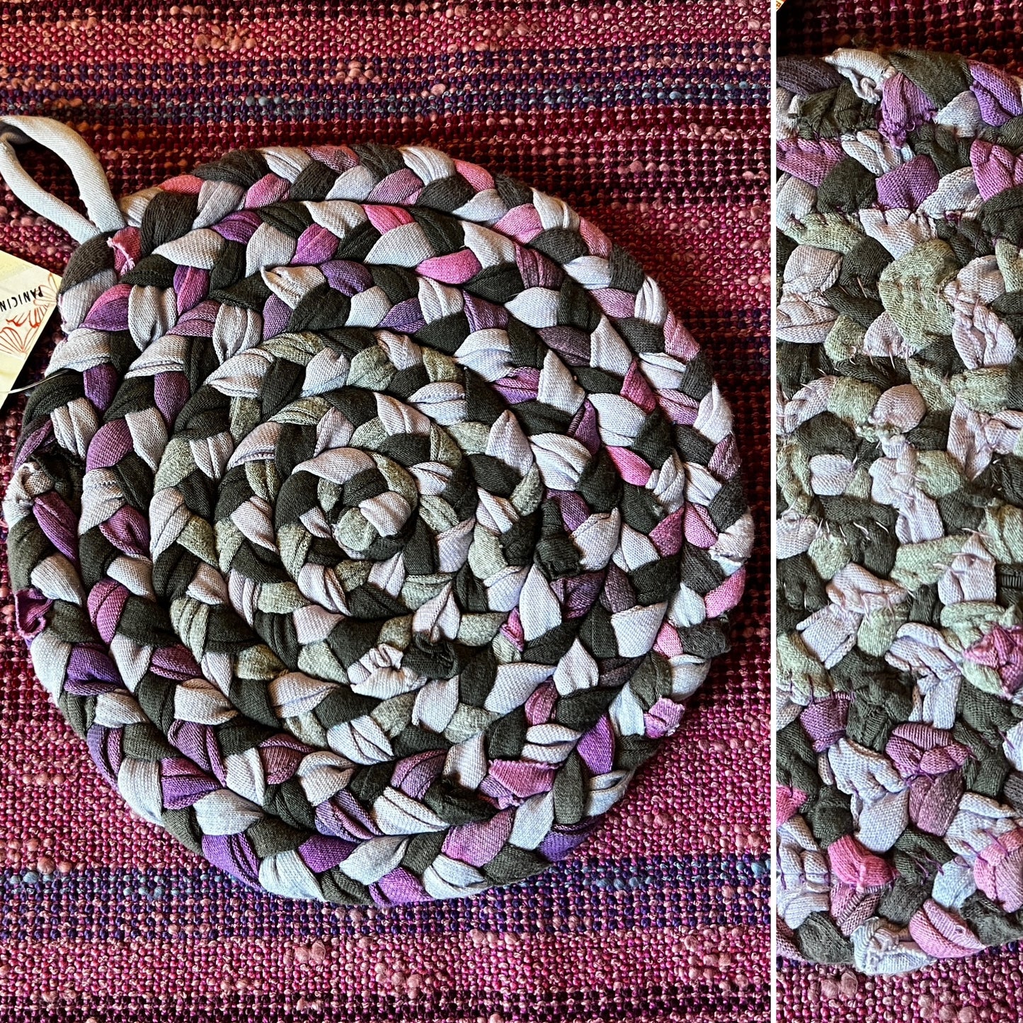 Multicolored braided trivet on a pink textured surface