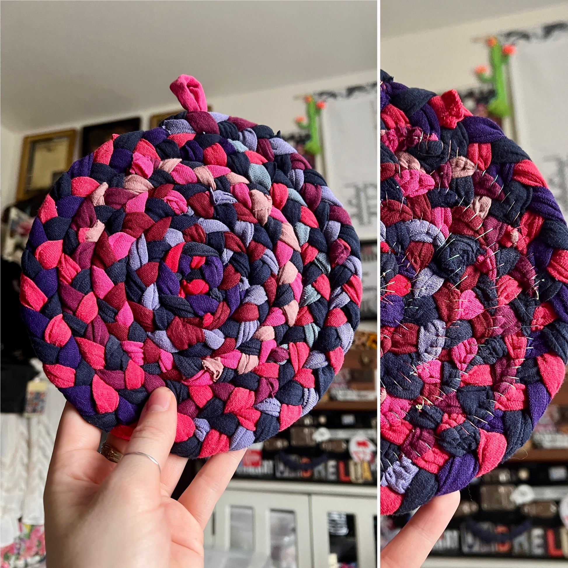 Multicolored braided trivet held by a hand in a home setting
