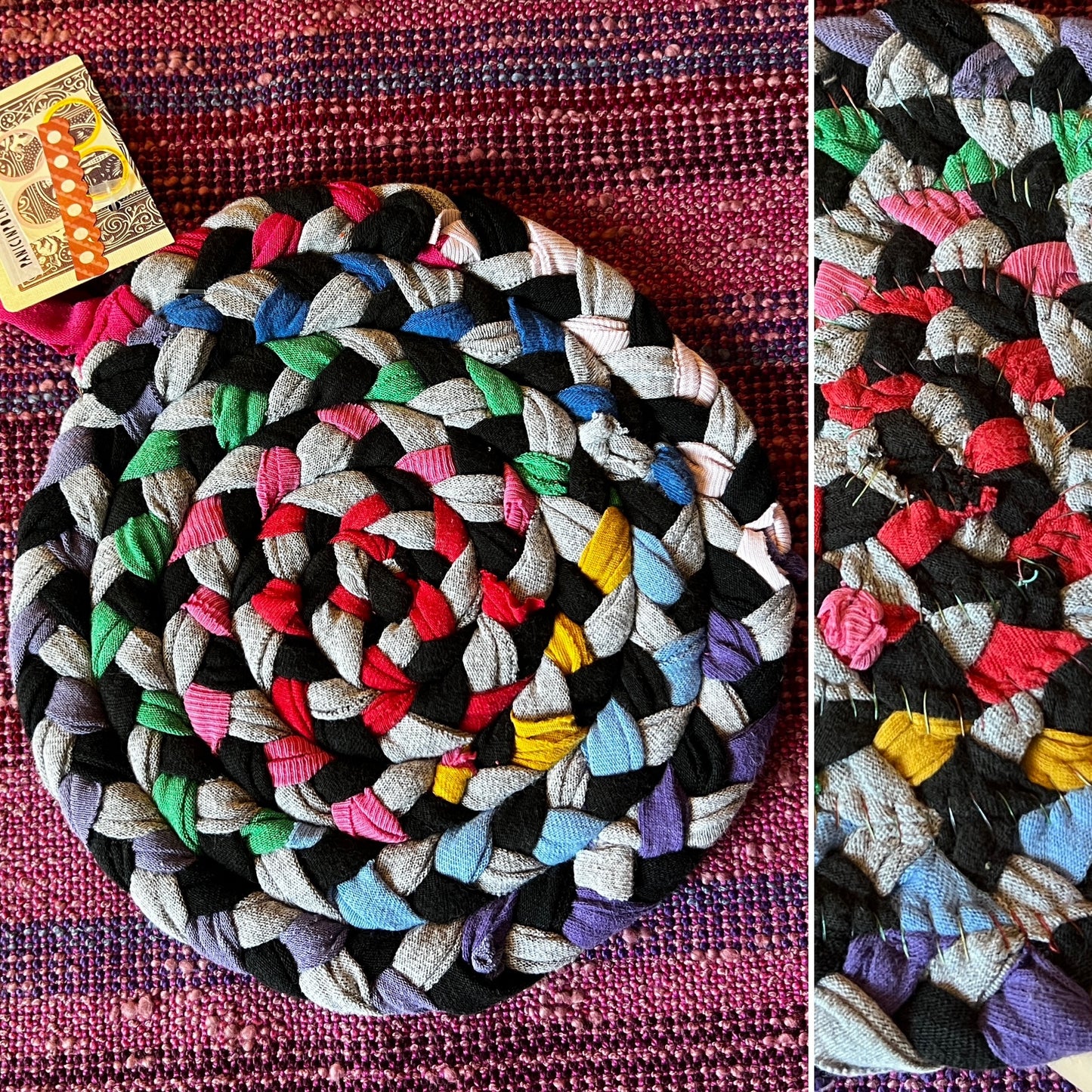 Multicolored braided trivet on a textured surface