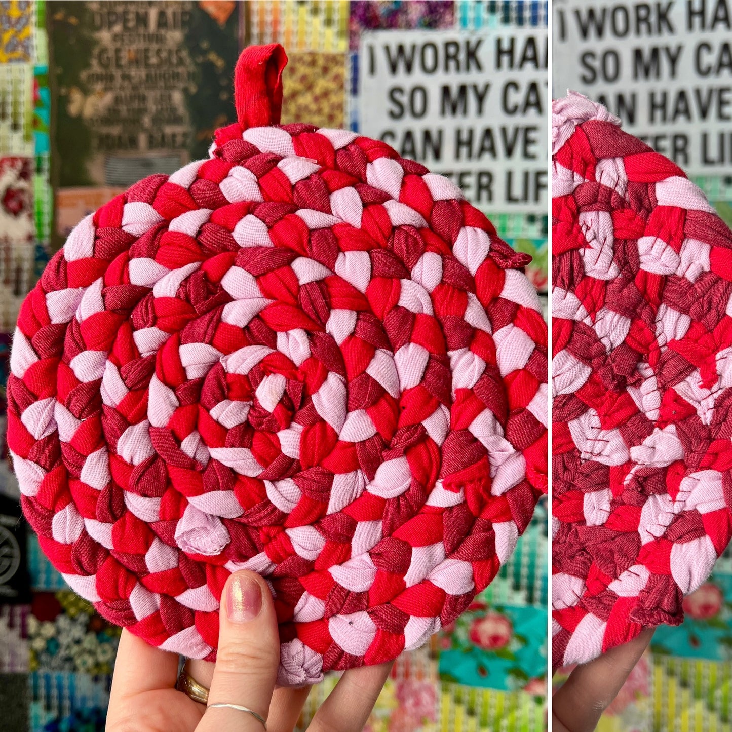 Red and white braided trivet held by a hand against a colorful background