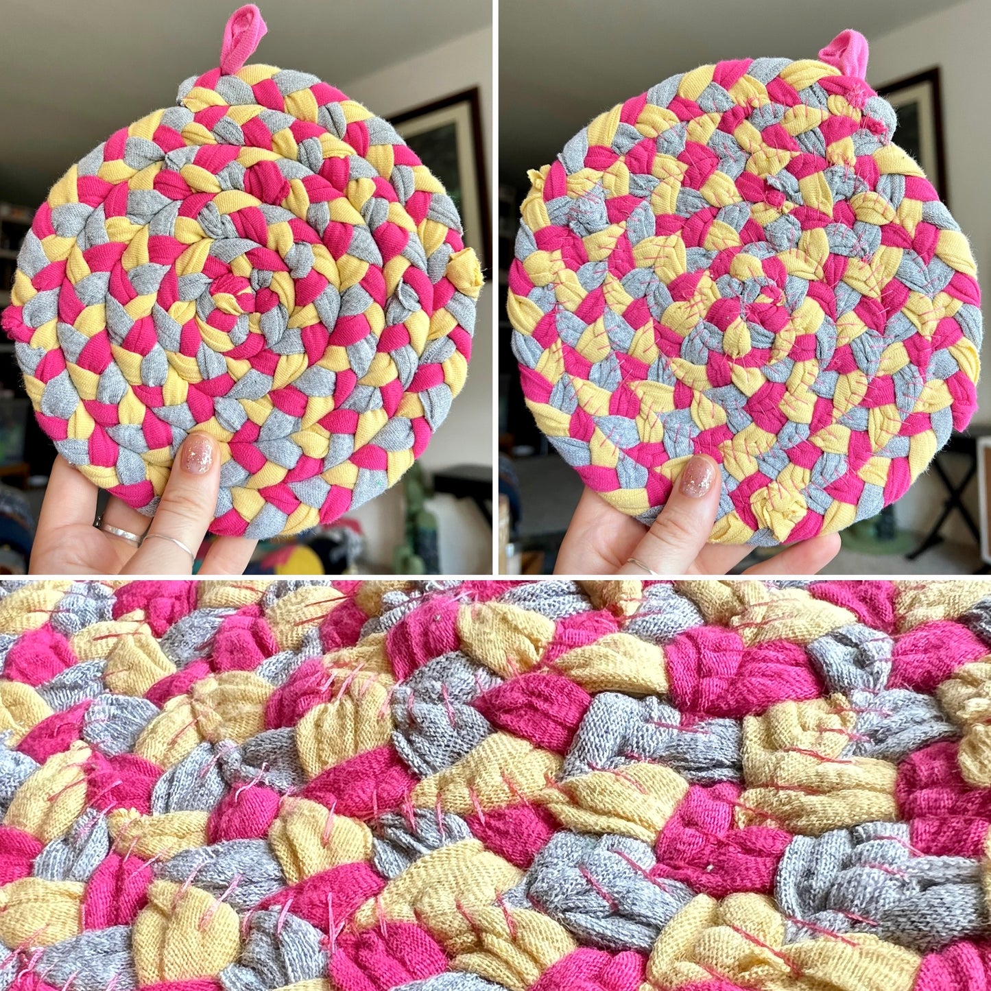 Colorful braided trivet held by a hand with close-up details.