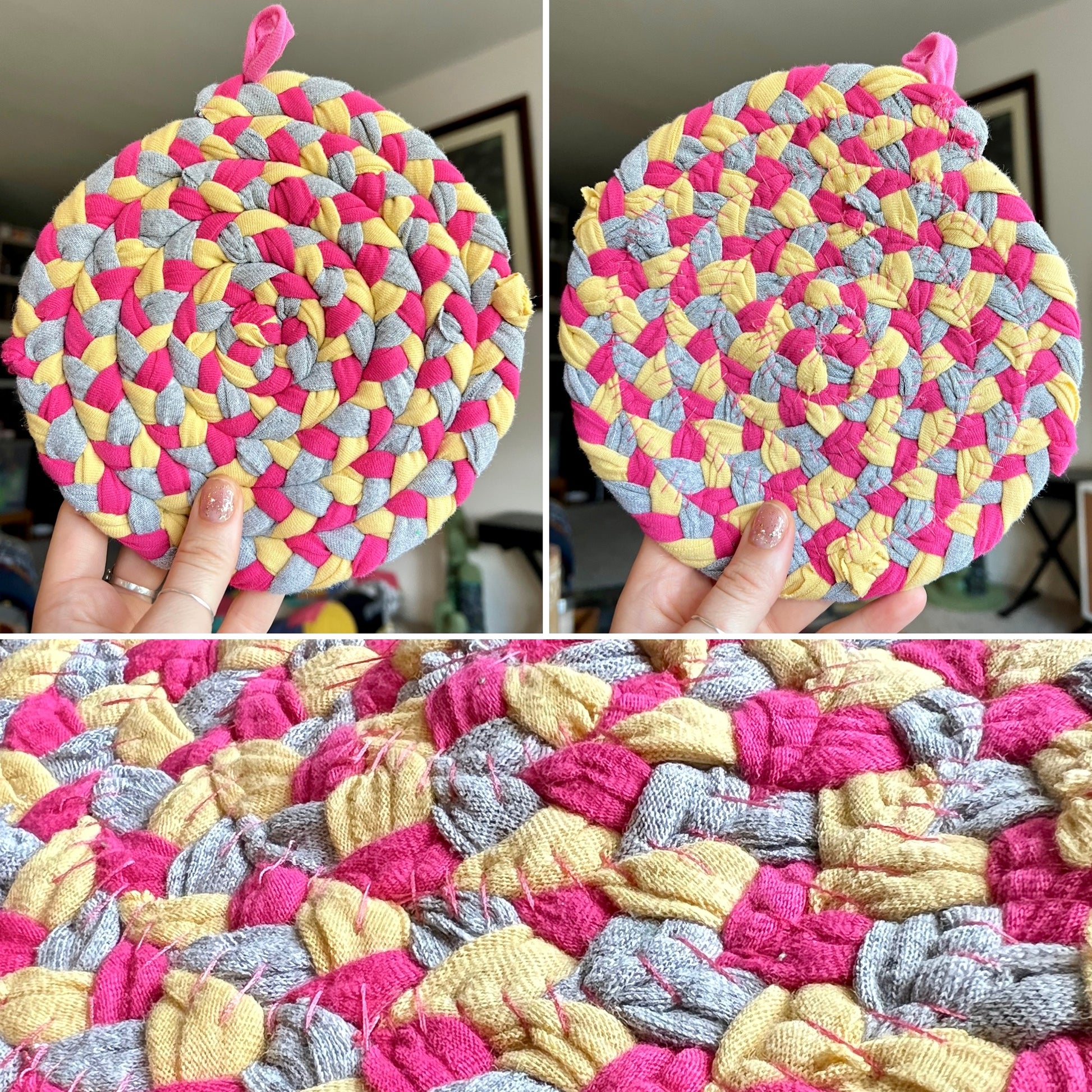 Colorful braided trivet held by a hand with close-up details.