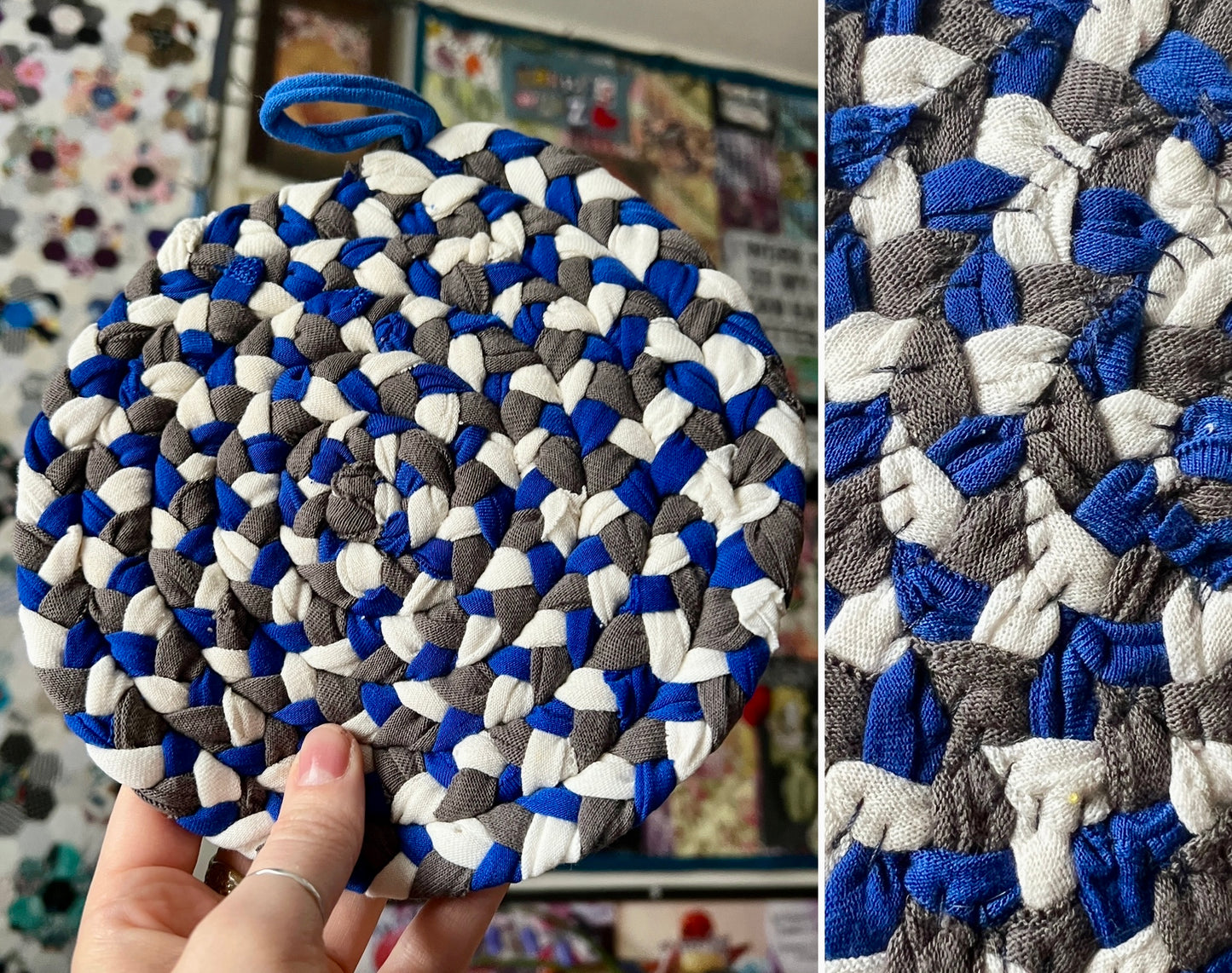 Textured blue, gray, and white woven trivet held by a hand with a colorful background.