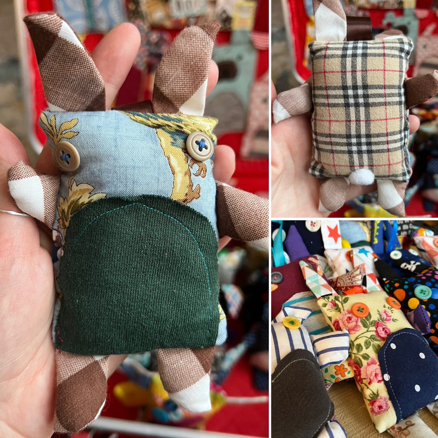 Collage of pictures of a small fabric bunny toy with different patterns held by a hand.