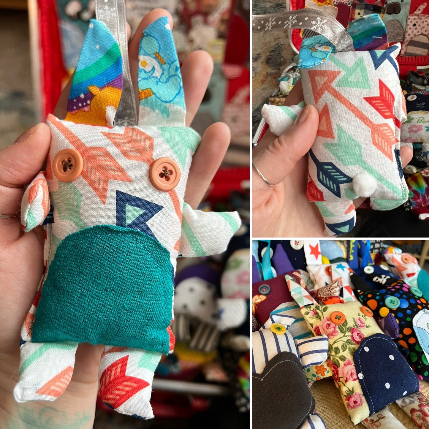 Collage of colorful fabric toys with geometric patterns held by a hand.