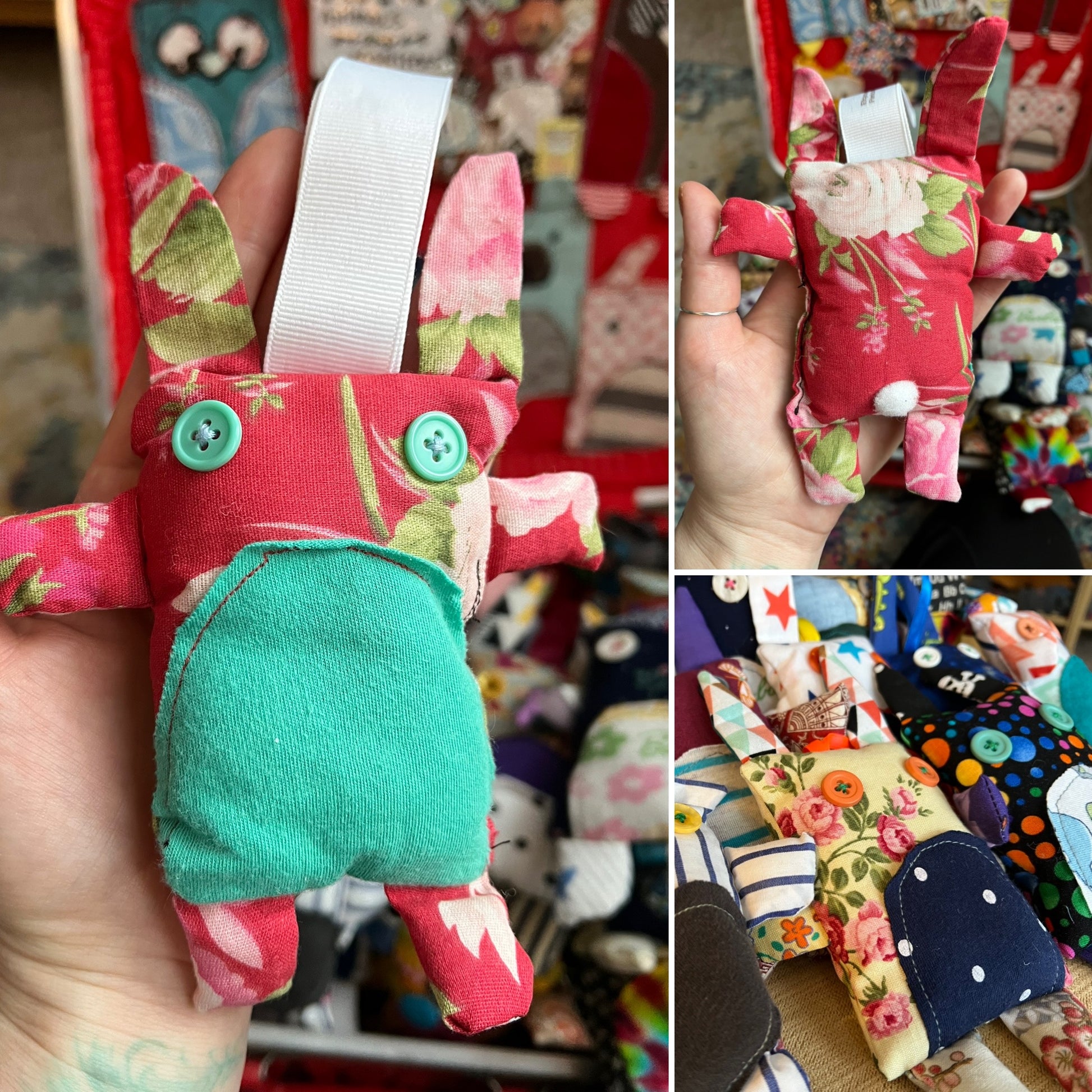 Collage of a hand holding a small fabric toy with colorful floral and polka dot patterns.