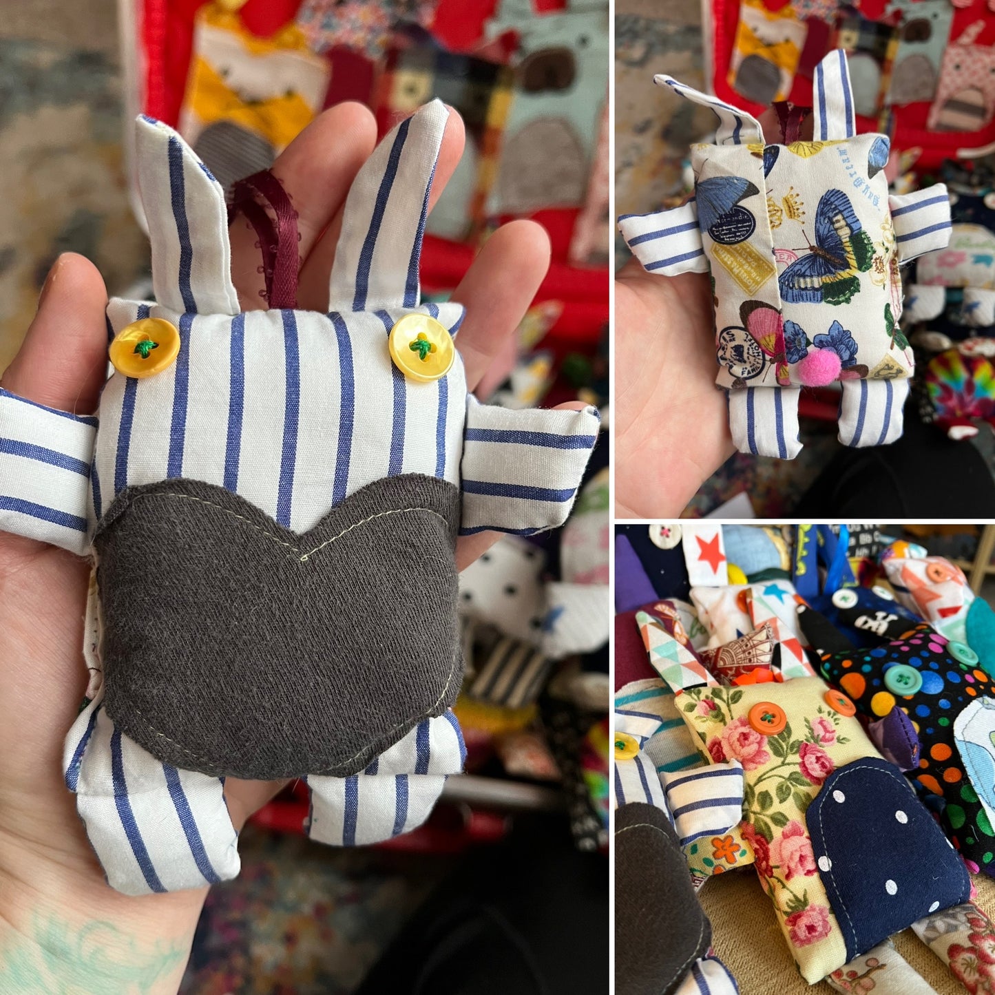 Collage of fabric toys with rabbit design held by a hand, set against a colorful background.