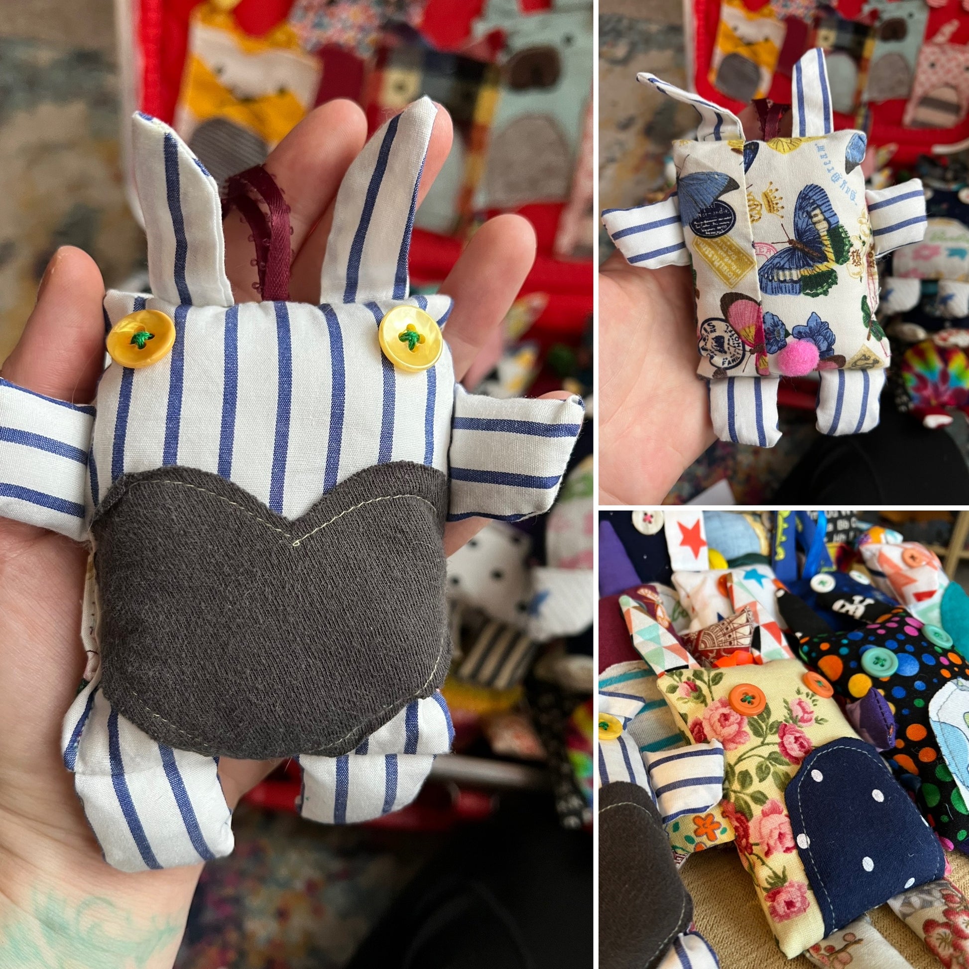 Collage of fabric toys with rabbit design held by a hand, set against a colorful background.