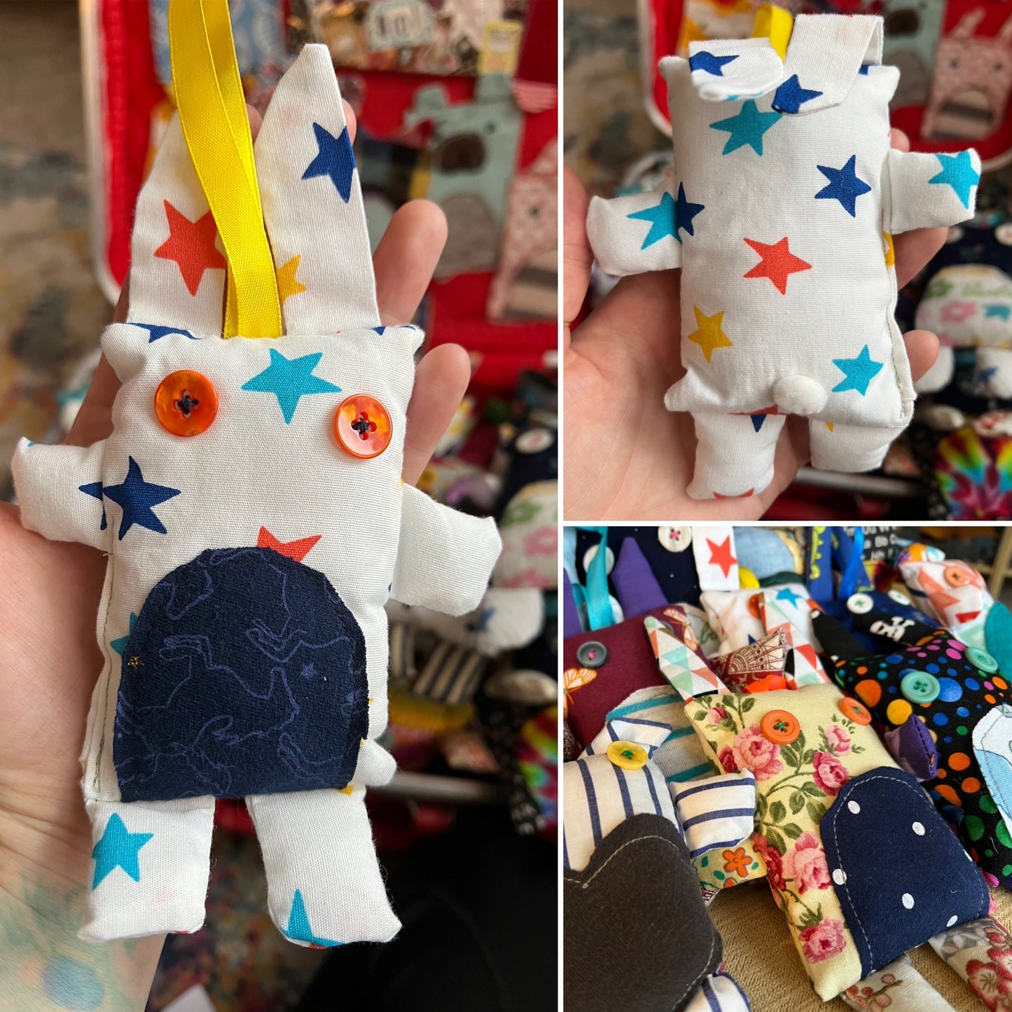 Collage of a small fabric toy with colorful star patterns held by a hand.