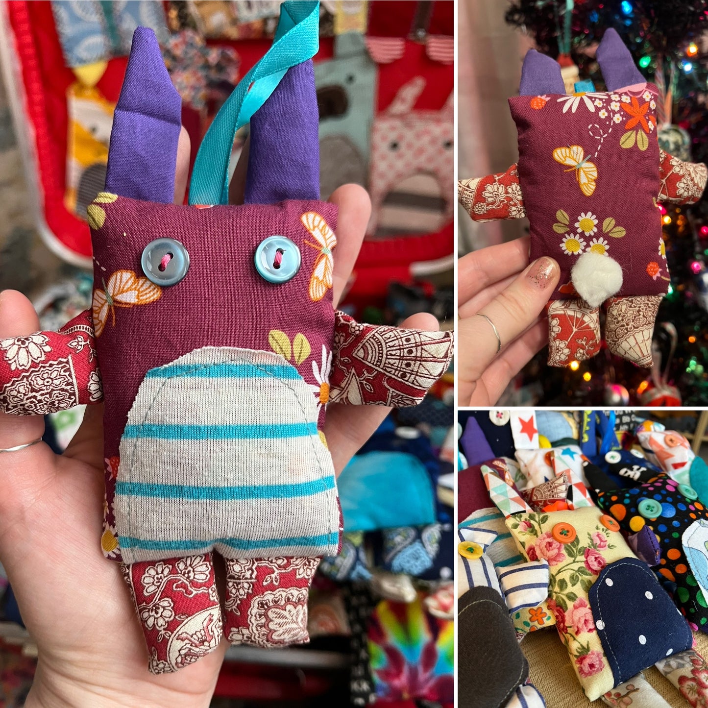 Collage of pics of a fabric toy bunny with colorful patterns and designs.