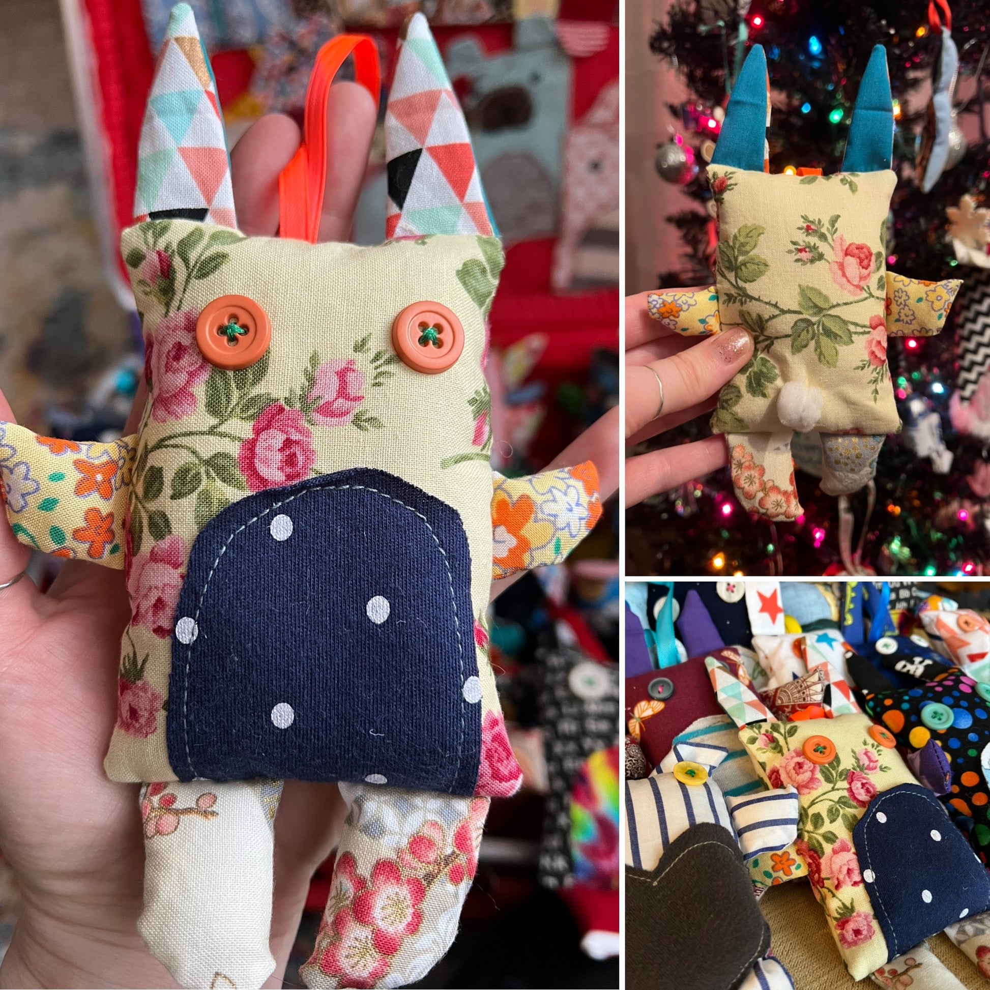 floral fabric toy bunny with button eyes and colorful patterns.