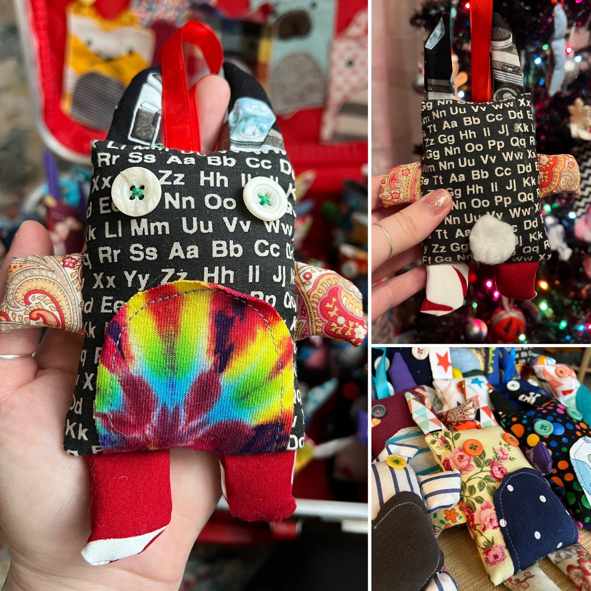 Collage of colorful children's toys with patterns and text, held by a hand.
