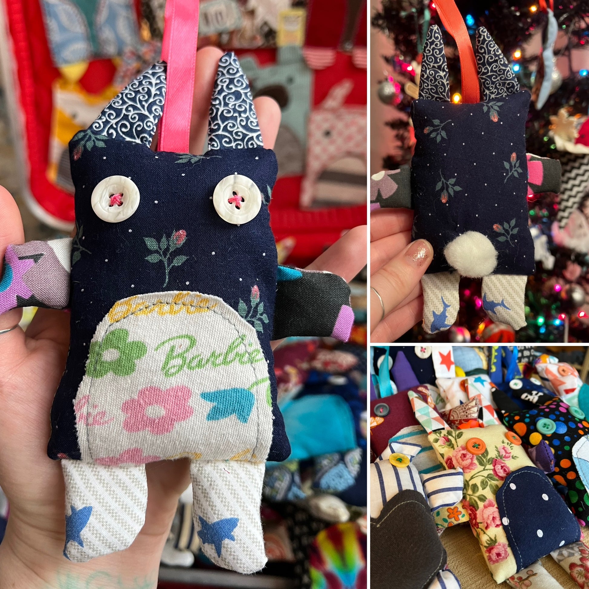 Collage of a hand holding a small fabric toy with floral patterns and buttons, set against a colorful background.