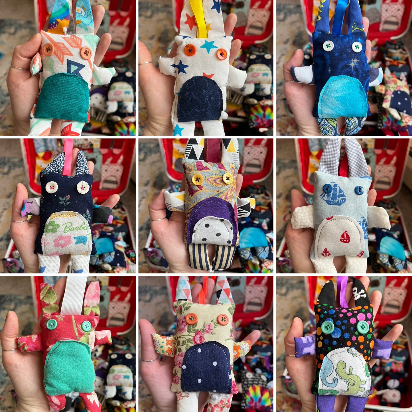 Collage of various handmade fabric toys held by hands with a colorful background.
