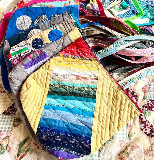 Perfectly Imperfect Tote Bags - Large Quilted - Bright Yoyos - Denim or Khaki Patchwork