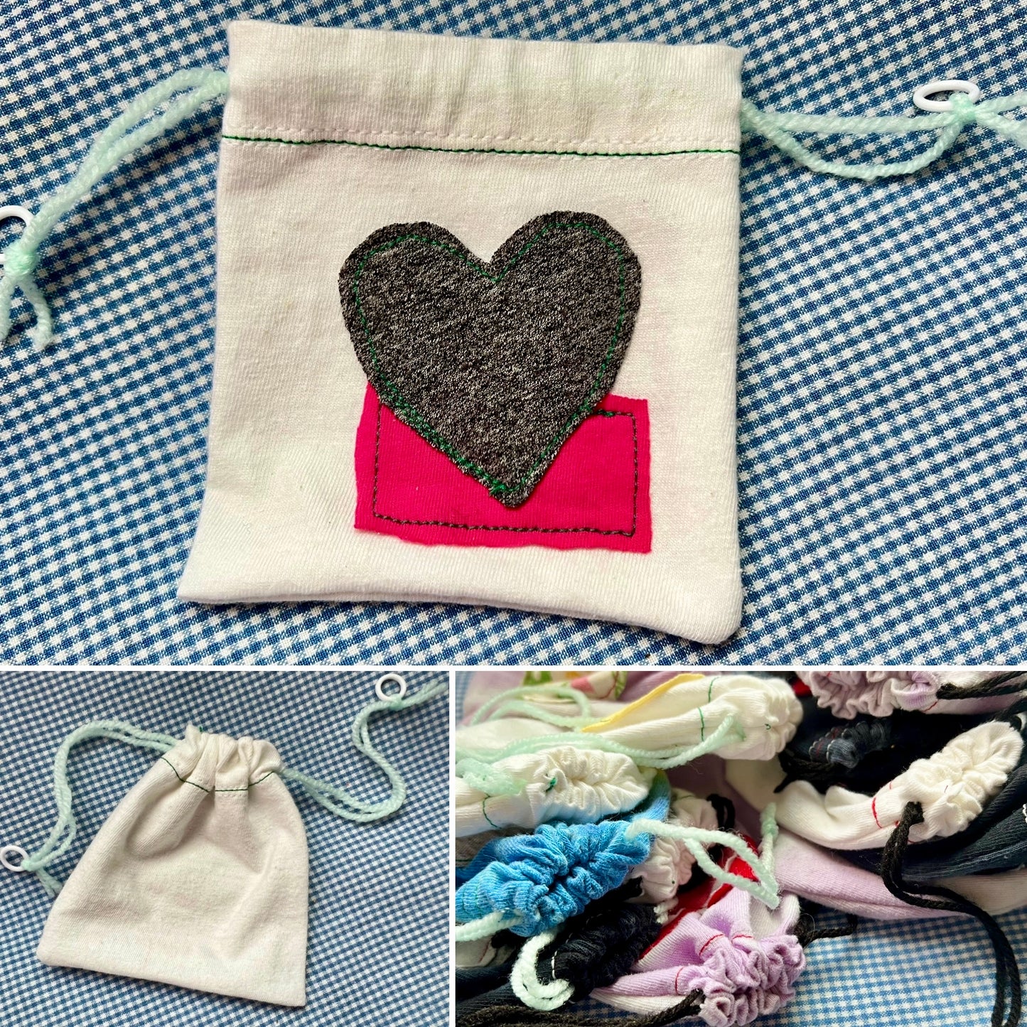 Small Drawstring Bag - Created From Upcycled Materials - Tshirt with Appliqué