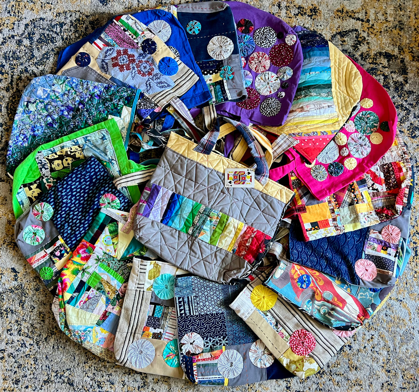 Perfectly Imperfect Tote Bags - Large Quilted - Bright Yoyos - Denim or Khaki Patchwork