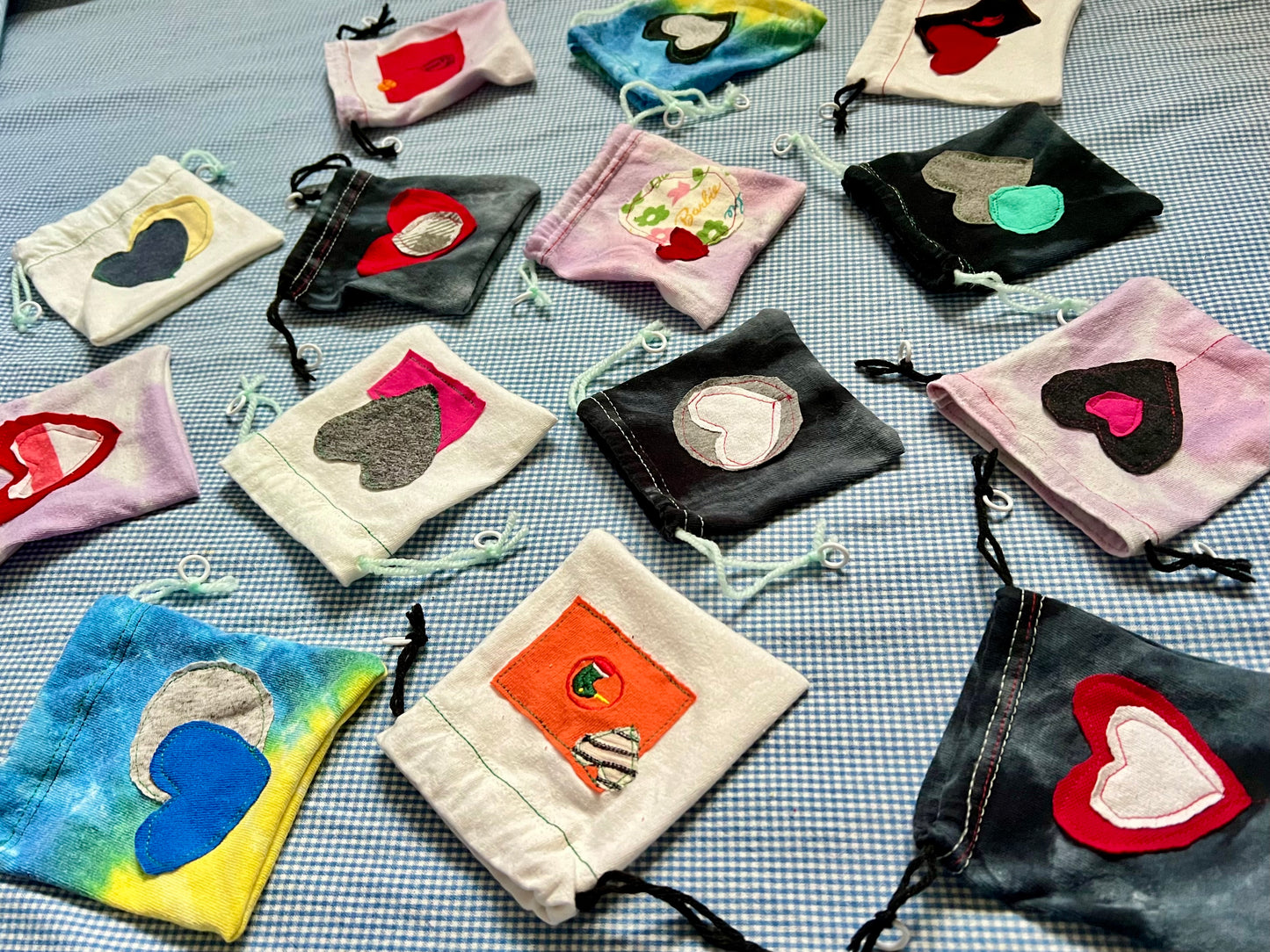 Small Drawstring Bag - Created From Upcycled Materials - Tshirt with Appliqué