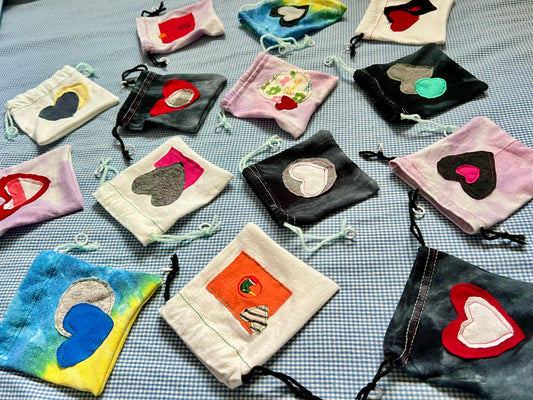 Small Drawstring Bag - Created From Upcycled Materials - Tshirt with Appliqué