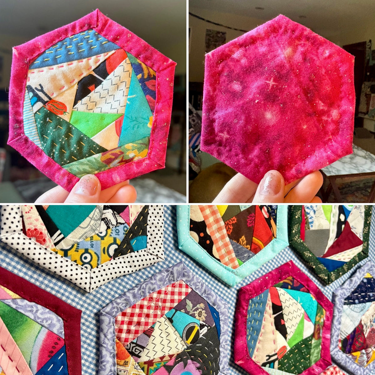 Quilted Coaster - Washable and Reusable - Squares or Hexagons -  Set of One