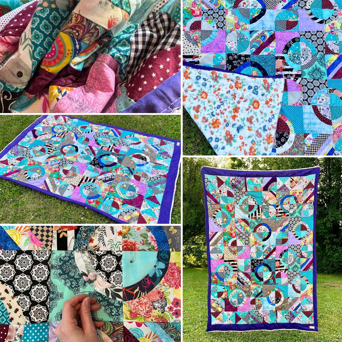 Circle chaos quilt, photo grid showing front, closeups, a glimpse of the back, and in progress.