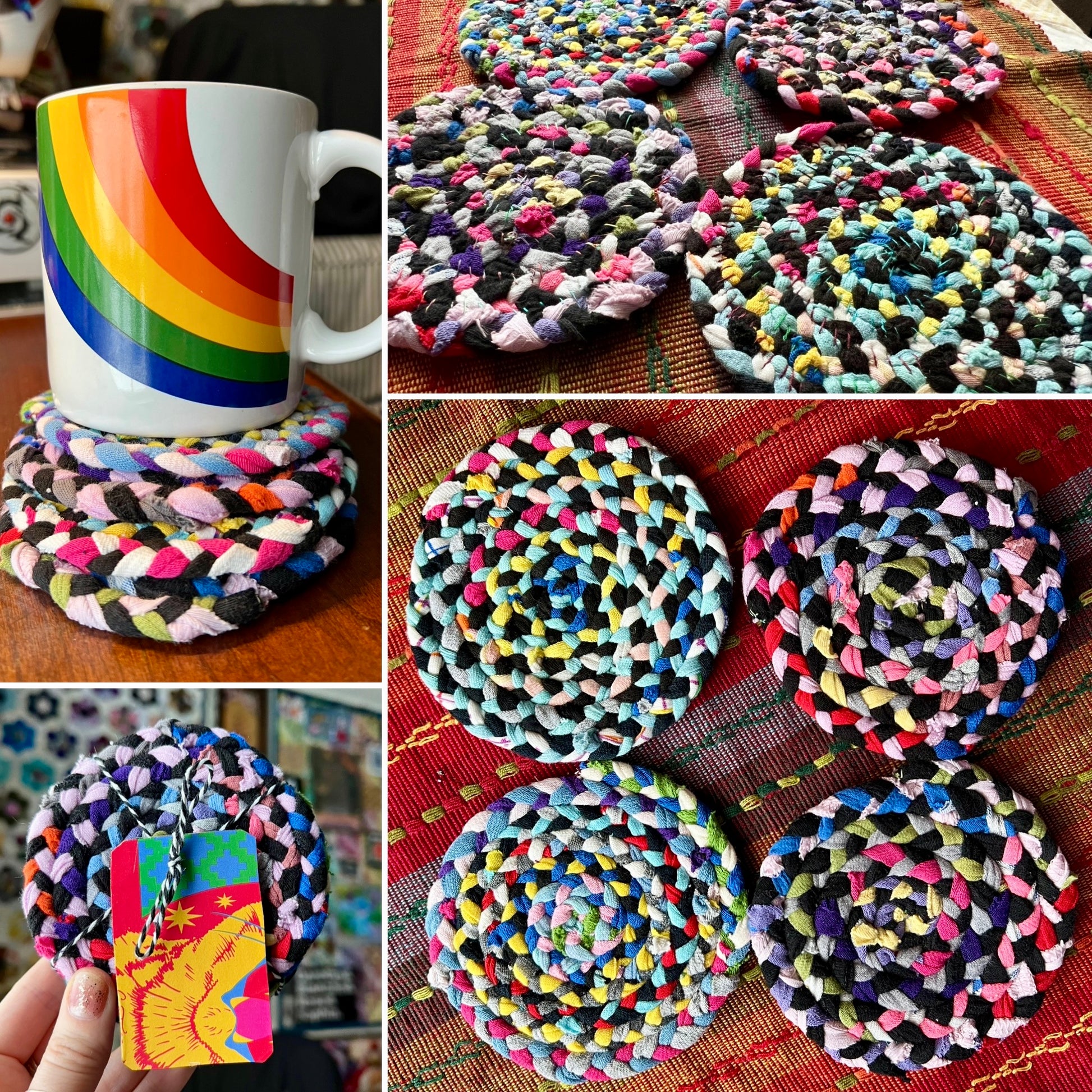 Collage of pictures of a set of braided coasters in various colors and patterns, showing front back closeup and side views, as well as under a mug.