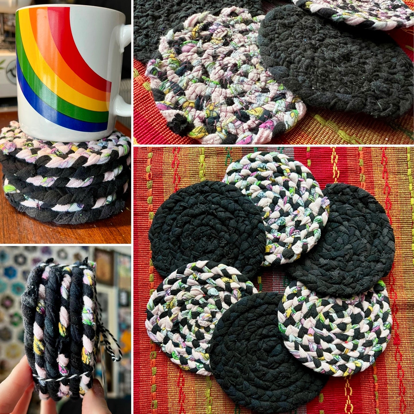 Collage of pictures of a set of braided coasters in various colors and patterns, showing front back closeup and side views, as well as under a mug.