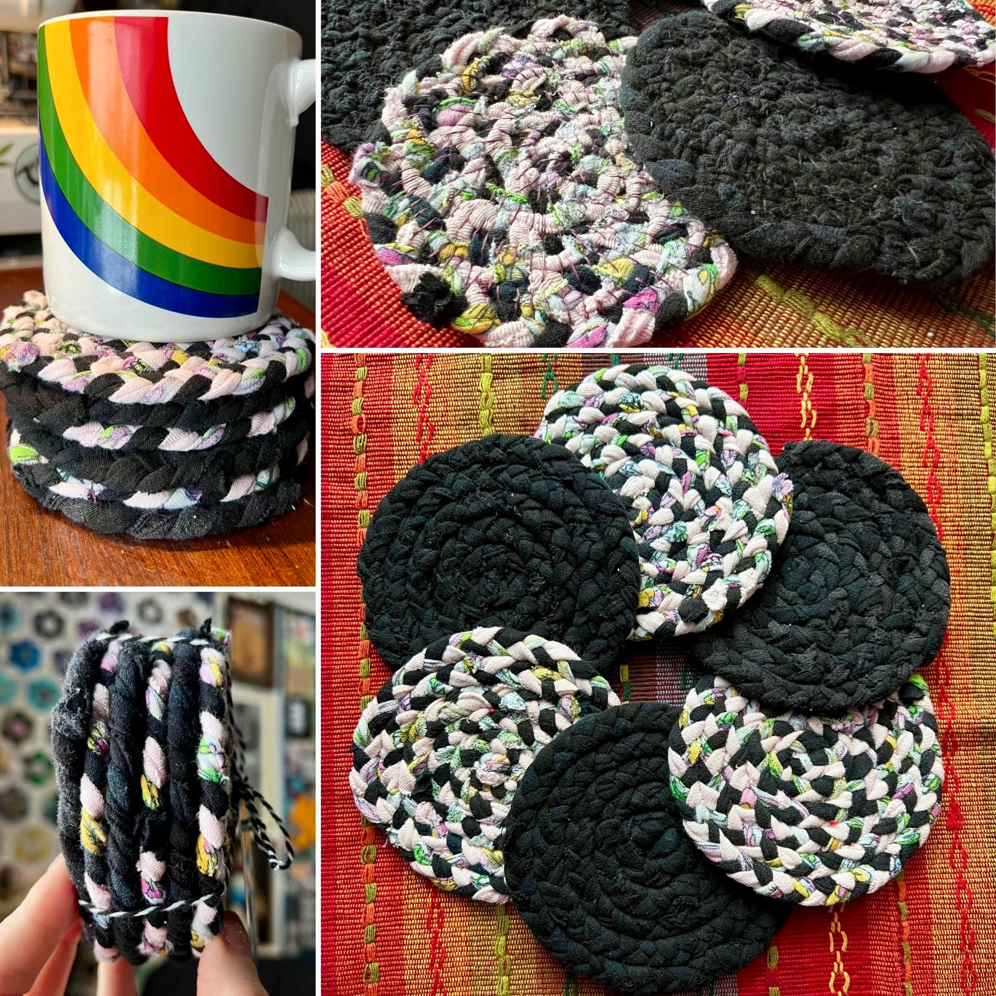 Collage of pictures of a set of braided coasters in various colors and patterns, showing front back closeup and side views, as well as under a mug.